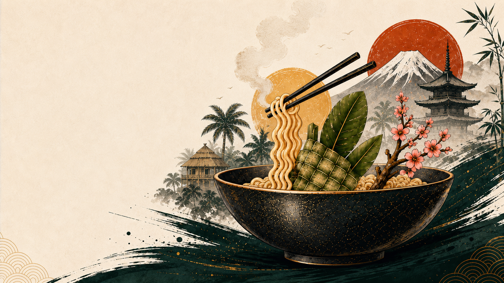 Illustrated noodle bowl with ketupat, sakura branch and palm — the Mina's Table brand artwork